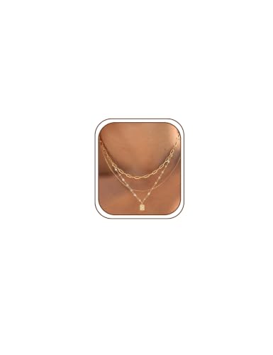 YEEZII Layered Gold Necklaces for Women Trendy, 3 Pcs 14K Gold Plated Choker Paperclip Box Chain Necklace, Stackable Women's Gold Pendant Necklaces Jewelry Set - color: Gold-3 Pcs-square pendant