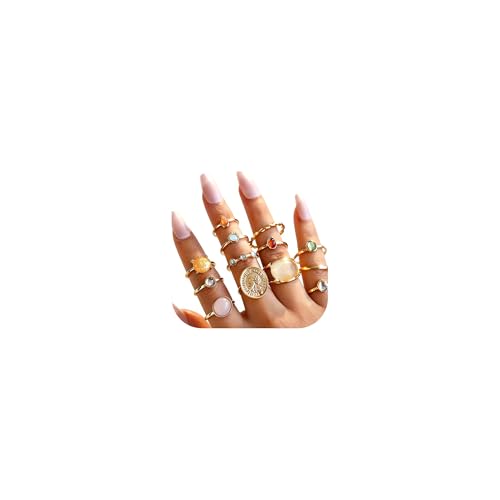 Chunky Gold Rings for Women Non Tarnish, Baroque Pearl Flower Tiger's Eye Stone Rings Adjustable Stacking Statement Rings Set Fashion Jewelry Gifts - style: Small colorful gem