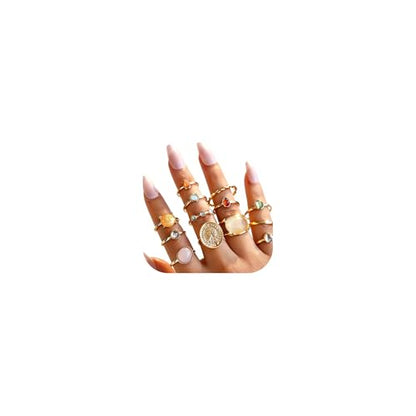 Chunky Gold Rings for Women Non Tarnish, Baroque Pearl Flower Tiger's Eye Stone Rings Adjustable Stacking Statement Rings Set Fashion Jewelry Gifts - style: Small colorful gem