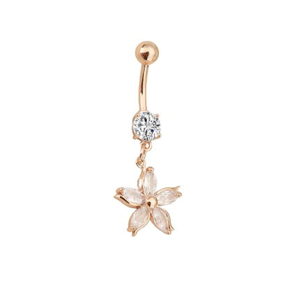 14G Crystal Flower Dangle Belly Button Ring for Women Stainless Steel Rhinestone Fashion Statement Lucky Floral Dangling Charm Curved Barbell Navel Rings Simple Sexy Summer Beach Body Piercing Jewelry - color: Rose Gold