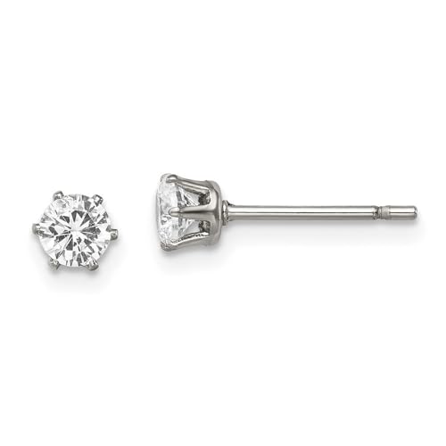 Diamond2Deal Stainless Steel Polished 4mm Round Cubic Zirconia Stud Earrings Len-0.2 In, Wid-0.2 In