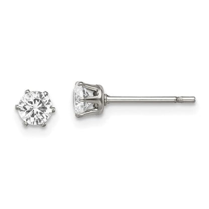 Diamond2Deal Stainless Steel Polished 4mm Round Cubic Zirconia Stud Earrings Len-0.2 In, Wid-0.2 In