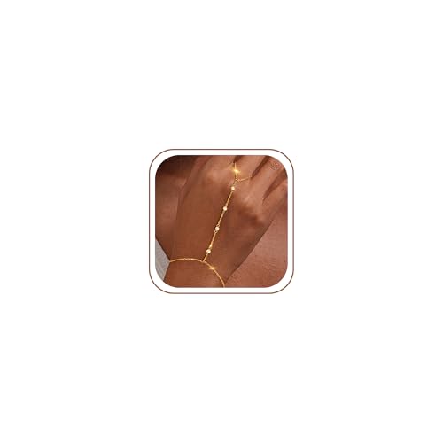 Eaciy 3PCS Gold Hand Chain Bracelets for Women, 18K Gold Plated Dainty Stackable Hand Chain Bracelet Ring Gold Bracelets for Women Trendy Gold Jewelry Set - color: 01-Gold-Pearl-Hand Chain