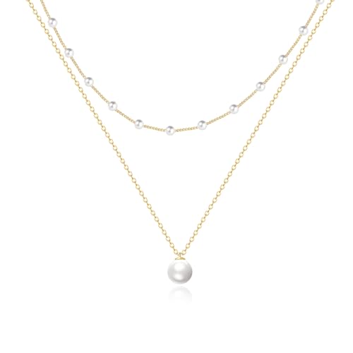 Zeffy Gold Pearl Necklace for Women, Dainty 14K Gold/Silve Plated Layered Pearl Choker Pearl Earrings Pearl Bracelets Wedding Trendy Gold Jewelry Set for Women Gifts - style: Gold Pearl Necklace-2PCS