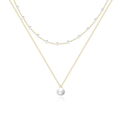 Zeffy Gold Pearl Necklace for Women, Dainty 14K Gold/Silve Plated Layered Pearl Choker Pearl Earrings Pearl Bracelets Wedding Trendy Gold Jewelry Set for Women Gifts - style: Gold Pearl Necklace-2PCS
