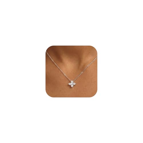 Gold Silver Pendant Necklace for Women, Dainty CZ Jewelry Gift | 14K Gold Silver Plated, Cubic Zirconia Pearl Charm, Trendy Layered Necklace, Adjustable Chain, Waterproof, Hypoallergenic - color: Silver-Clover