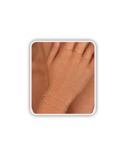 14K Gold Plated Stainless Steel Hand Chain Bracelet for Women Trendy Dainty Ring Bracelet Hand Chain Hypoallergenic Body Jewelry for Everyday Wear Cute Trendy Gifts