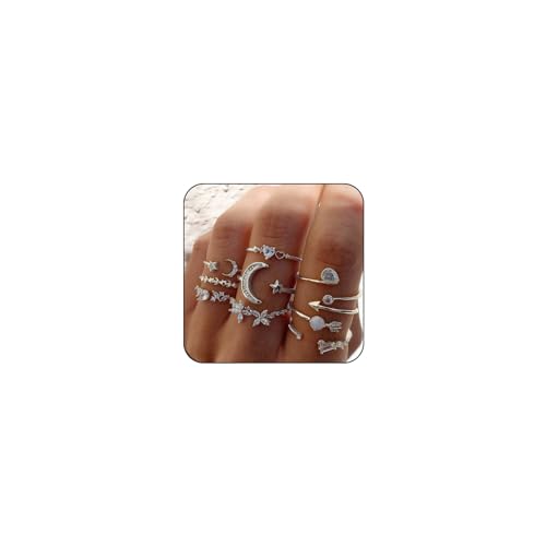 INENIMARTJ Boho Rings for Women Teen Girls,Gold Stacking Rings Set Vintage Knuckle Stackable Moon Star Snake Butterfly Heart Flower Leaf Top Finger Rings - color: Hsilver