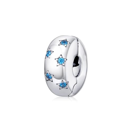 BISAER Stopper Beads Spacers Charms for Bracelets 925 Sterling Silver Clips | Original Spacer Charms Safety Chain Fit 3mm Bracelet Stopper Beads with 5A Cubic Zirconia DIY Accessories for Women - color: Blue Star
