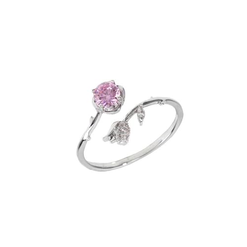 Adjustable Leaf Stackable Rings for Women Cubic Zirconia Stones Blue Leaves Purple Flower Open Band Stacking Finger Sliver Rings Fashion Plant Floral Aesthetic CZ Jewelry - color: rose flower