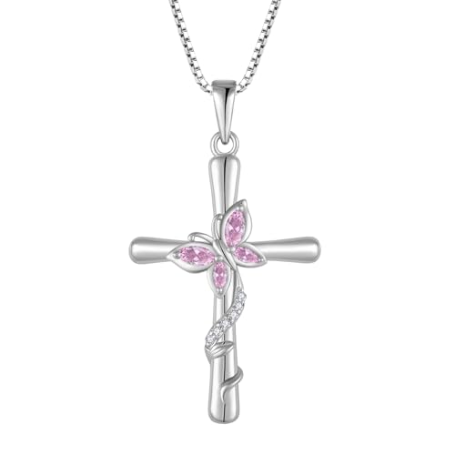 Cross Necklace for Women 925 Sterling Silver Butterfly Necklace Birthstone Pendant Created Gemstone Jewelry Gifts for Women - color: 10 October - Pink Tourmaline