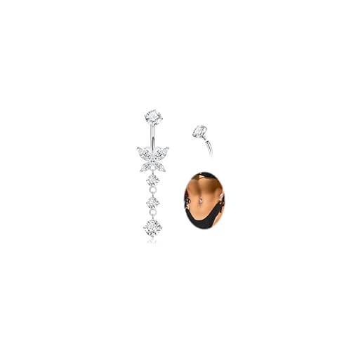 14G G23 Titanium Dangle Belly Button Ring for Women Dangling Belly Rings CZ Butterfly Teardrop Navel Rings Internally Threaded Curved Barbell Navel Piercing Jewelry - color: Silver-2