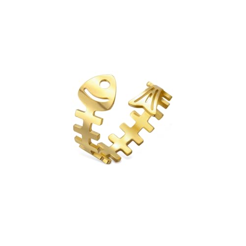 Funny Fishbone Ring, Stainless Steel Adjustable Open Rings for Women Trendy, Special Christmas Gift for Friend Lover Daughter - color: Gold