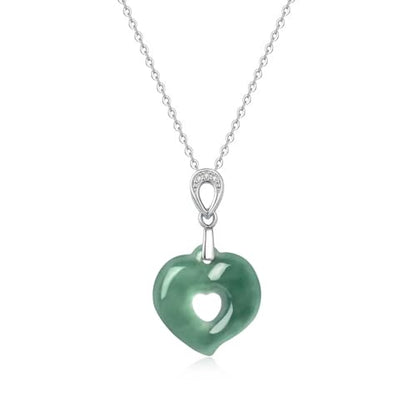 Real Green Jade Pendant Necklace for Women Donut/Heart/Clover/Teardrop/Rose/Lotus Flowers Genuine Jadeite Jewelry with Gold Plated 925 Sterling Silver Chain - style: Peach Silver Necklace