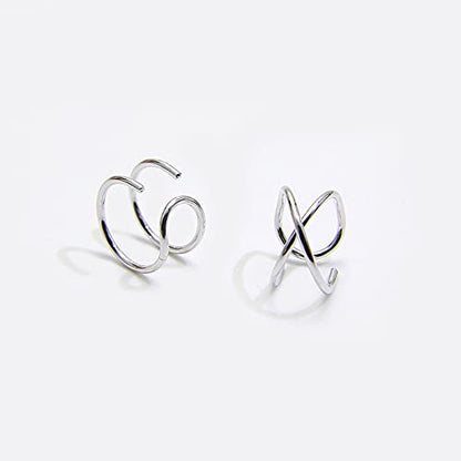4PCS Helix Ear Cuff Cartilage Earring No Piercing Earcuff, 925 Sterling Silver,14K Gold Simple Criss Cross Double Lines Adjustable Ear Cuffs Minimalist Women Girls Men Clip On adornment Set - color: silver