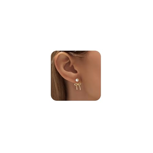 Gold Silver Pearl Earrings for Women - Hoop Earrings for Women Trendy 14K Gold Plated/Silver Twist Rope Bow Stud Bow Pearl Huggie Earring Hoops Pearls Dangle Cubic Zirconia Earring Jewelry Gift Womens - color: Gold bow