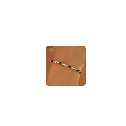 Tennis Bracelet for Women 18K Gold Plated White Red Green Black Blue Pink 3mm Cubic Zirconia Bracelet Dainty Diamond Adjustable Bracelet Trendy Jewelry Gift - color: Green Tennis-GD