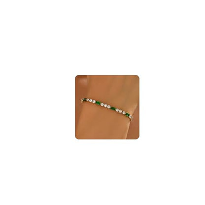 Tennis Bracelet for Women 18K Gold Plated White Red Green Black Blue Pink 3mm Cubic Zirconia Bracelet Dainty Diamond Adjustable Bracelet Trendy Jewelry Gift - color: Green Tennis-GD