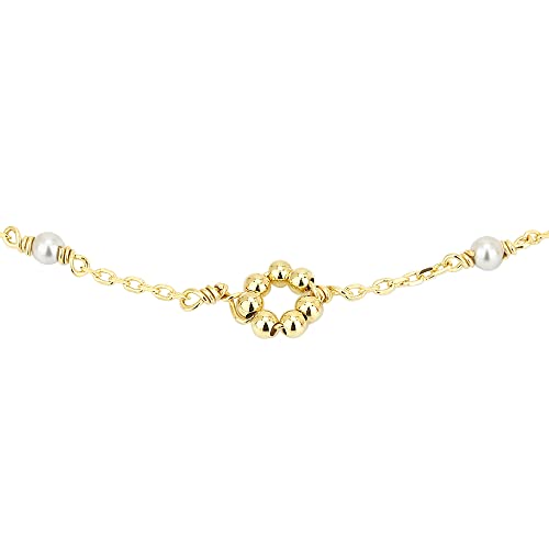 Vanbelle 18K Gold Plated Jewelry - Beaded Round Charm Anklet with White Faux Pearl - Stylish Designer Foot Jewelry - Unique Elegant Beautifully Designed Anklet for Women - 9" long + 1" extender