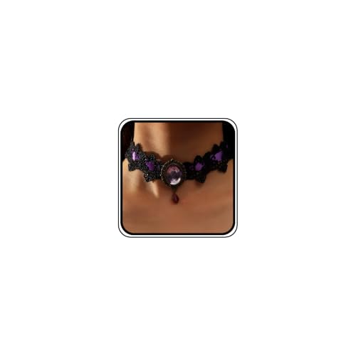 Dainty Black Lace Crystal Choker Necklace Lace Gothic Choker for Women for Halloween Weeding Costume Party Prom Vampire Choker - color: Purple