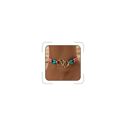 Elastic Beaded Ankle Bracelets for Women Double Heart Layered Stretch Ankle Bracelets Waterproof Dainty Boho Beaded Anklets for Summer Beach Foot Jewelry - color: Pink Gold