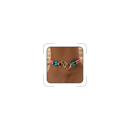 Elastic Beaded Ankle Bracelets for Women Double Heart Layered Stretch Ankle Bracelets Waterproof Dainty Boho Beaded Anklets for Summer Beach Foot Jewelry - color: Pink Gold