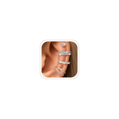 4PCS 14K Gold Plated Ear Cuffs, Ears Clip On Earrings for Women | Adjustable Non Piercing Ears Clip Design, Sparkling Cubic Zirconia, Stackable Single Wear, Gift Box For All Occasions - color: SILVER