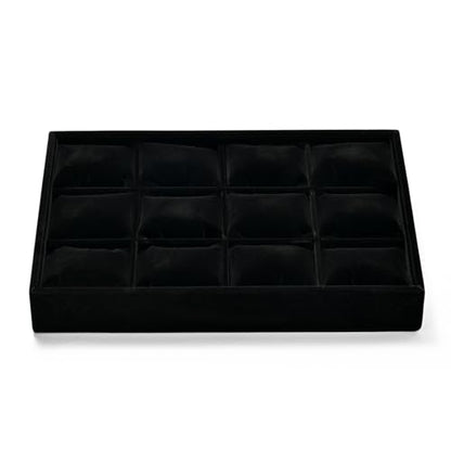 Black Velvet 12-Slot Watch Pillow Storage Tray | Soft black velvet 12-slot organizer tray with removable pillows, stackable, for drawer storage & retail jewelry display - size: 12 Grid with Pillow