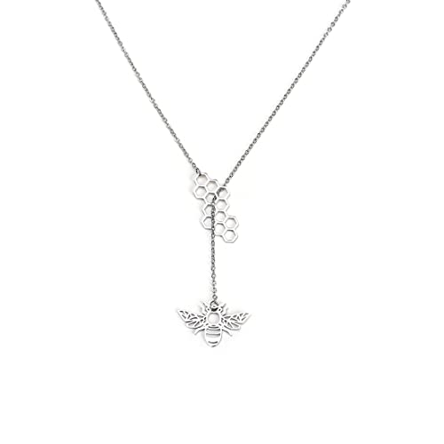 18K Gold Plated Stainless Steel Bee Honeycomb Pendant Necklace, Adjustable Y Lariat Conch/Guitar/Horseshoe Necklace for Women - color: Silver, style: Bee