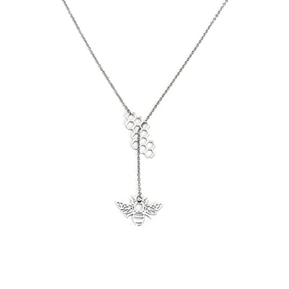 18K Gold Plated Stainless Steel Bee Honeycomb Pendant Necklace, Adjustable Y Lariat Conch/Guitar/Horseshoe Necklace for Women - color: Silver, style: Bee