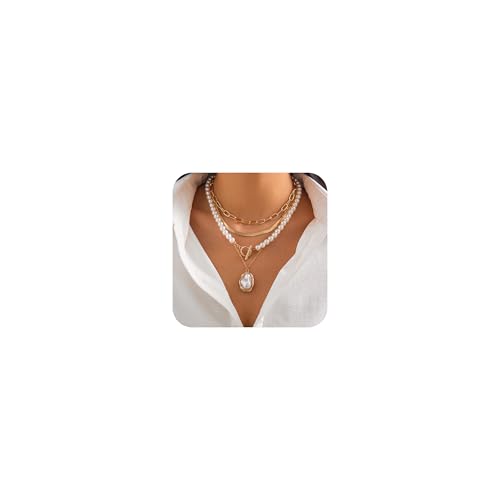 Gold Layered Necklaces for Women Chunky Layered Gold Necklaces Stacked Paperclip Chain Pearl Necklace Herringbone Toggle Clasp Choker Trendy Statement Jewelry Gifts - color: A9:chunky gold necklaces