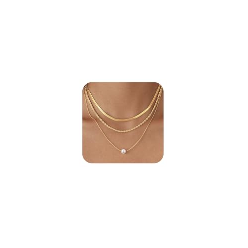 Layered Gold Necklace Set for Women Dainty Waterproof Cute Choker | 14K Gold Plated Minimalist Non Tarnish Lightweight CZ Pendant Pearl Twist Paperclip Chain Jewelry Gifts - style: 3PCS-Snake chain + Pearl-GD