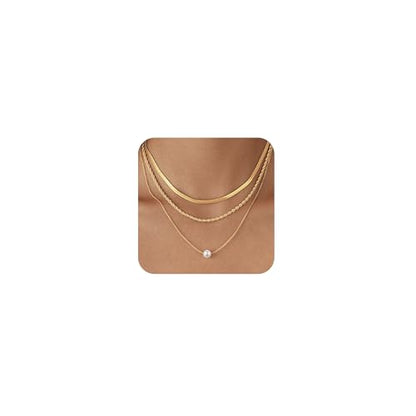 Layered Gold Necklace Set for Women Dainty Waterproof Cute Choker | 14K Gold Plated Minimalist Non Tarnish Lightweight CZ Pendant Pearl Twist Paperclip Chain Jewelry Gifts - style: 3PCS-Snake chain + Pearl-GD