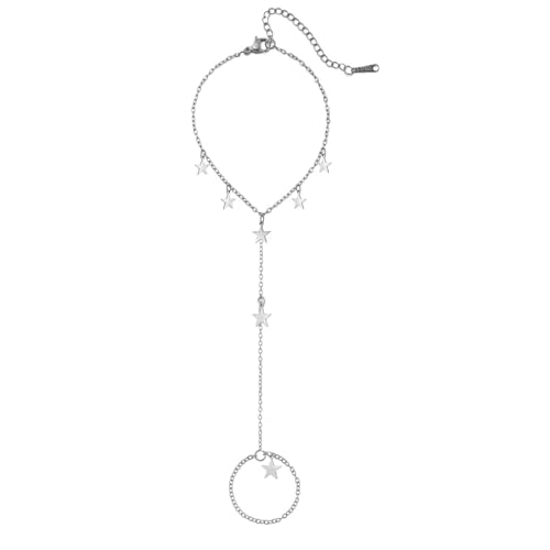 Y2k Stars Tassel Charm Hand Chain Bracelets for Women Dainty Polished Minimalist Link Ring Bracelet Stackable Stainless Steel Adjustable Chain Non Tarnish Fashion Jewelry Gifts - color: Silver