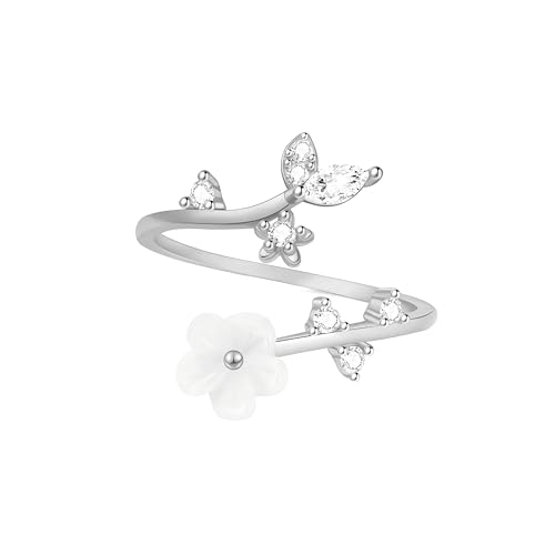 Rings for Women Non Tarnish, 14K Gold Plated Open Pearl Flower Band Adjustable Cubic Zirconia Rings for Women - color: silver