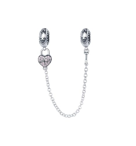 Flower Crab Orca Birthday Athlete Family Tree Safety Chain Cat Dog Bead Pendant 925 Sterling Silver Dangle Compatible With Pandora Moments Charm Bracelet - style: I Love You Heart Locked Padlock Safety Chain