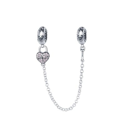 Flower Crab Orca Birthday Athlete Family Tree Safety Chain Cat Dog Bead Pendant 925 Sterling Silver Dangle Compatible With Pandora Moments Charm Bracelet - style: I Love You Heart Locked Padlock Safety Chain