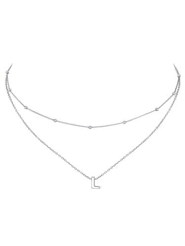 ChicSilver Layered Initial Necklace for Women, 925 Sterling Silver Personalized Letter A-Z Pendant Necklaces, Hypoallergenic Silver Choker with Adjustable 16" Rolo Chain, Dainty Birthday jewelry - style: L