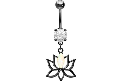 PIERCINGLINE Surgical steel belly button piercing dangle LOTUS BLOSSOM WITH SYNTHETIC OPAL 14 G belly button ring surgical steel belly piercing new version with improved durability - color: Black