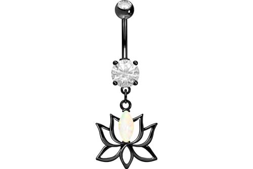 PIERCINGLINE Surgical steel belly button piercing dangle LOTUS BLOSSOM WITH SYNTHETIC OPAL 14 G belly button ring surgical steel belly piercing new version with improved durability - color: Black