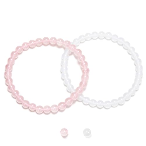 2PCS Agate Bracelet for Women Men Natural Round Beaded Agates Stone Healing Stretch Bracelets Elastic Handmade Polished Gemstone Beads Bracelet - color: White+Pink Quartz, size: 6mm Beads