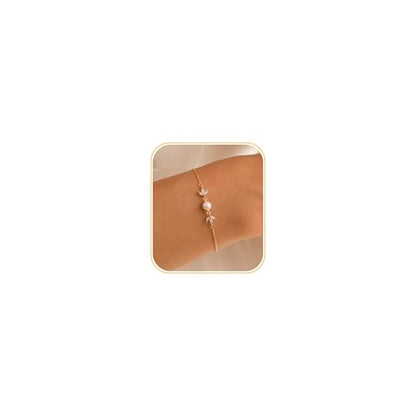 Gold Bracelets for Women Pearl Bracelet 14k Gold/White Gold Plated | Dainty Cubic Zirconia CZ Accented, Bridesmaid Jewelry, Prom Bracelet, Wedding Bracelets for Brides - color: gold-leaf
