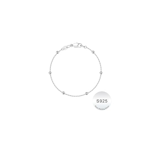 IEFWELL S925 Sterling Silver Bracelet for Women - 14K-Real-Gold-Plated Satellite Bead Chain Bracelet, 6.5/7/7.5/8/8.5/9 Inches Sterling Silver Chain Bracelets Jewelry Gifts for Women - color: S925 Sterling Silver, size: Length 8.5 Inches