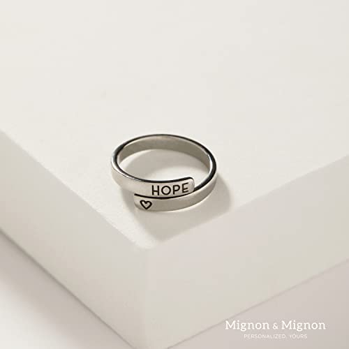 MignonandMignon Personalized Stacking Rings, Custom Initial Ring | Engrave the open wrap band with initials, names or dates; tarnish-resistant gold plated steel is skin-safe for stacking.