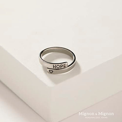 MignonandMignon Personalized Stacking Rings, Custom Initial Ring | Engrave the open wrap band with initials, names or dates; tarnish-resistant gold plated steel is skin-safe for stacking.
