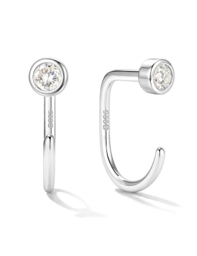 GEMQUEEN Moissanite 925 Sterling Silver Half Hoop Earrings for Women, Small Stay Close Huggie Hoops Comfort Backless Earring Lightweight No Back Moissanite Arc Hoop Earrings D Color VVS1 - color: White Gold, size: Bezel