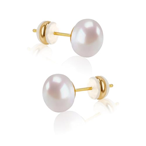 Freshwater Cultured Pearl Stud Earrings, 18K Gold Plated Sterling Silver | AAAA+ Handpicked Pearl Earrings with Hypoallergenic Design, Elegant Jewelry Gift for Women’s Daily Wear - size: 10mm