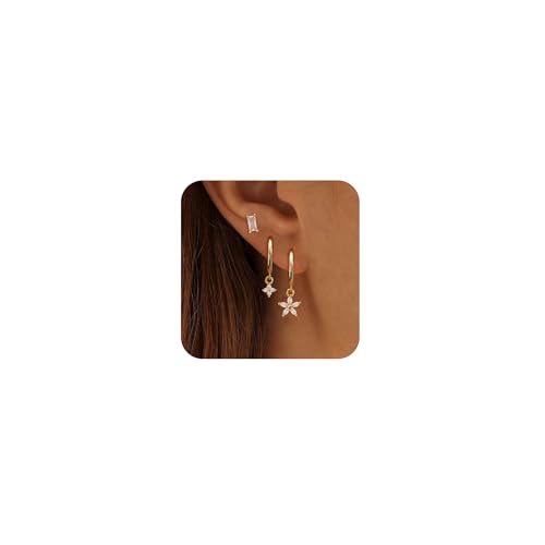 Gold Plated Earrings for Women, 14k Gold Plated Earring Stack Hypoallergenic Pearl Drop Earring Dainty Earrings for Women Trendy Cute Small Huggie Hoop Earring Fashion Womens Jewelry - color: flower set