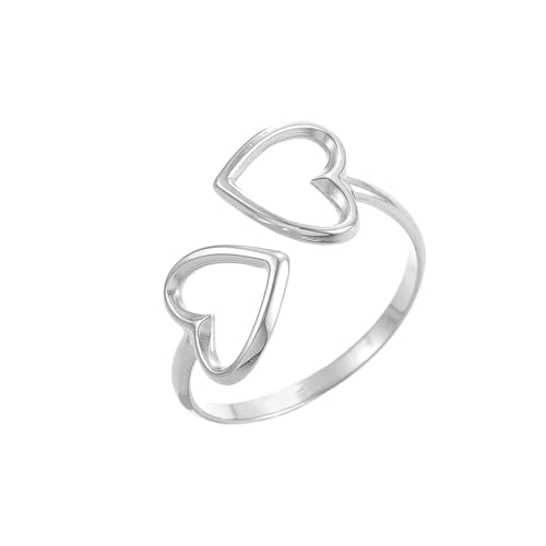 OIDIMS Simple Love Heart Rings for Women Hollow Double Hearts Stainless Steel Stackable Open Wedding Band Ring Promise Love Engagement Stylish Minimalist Statement Jewelry for Her Valentine - color: Silver