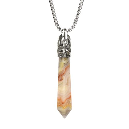 Justinstones Hexagonal Pointed Reiki Chakra Pendant Stainless Steel Chain Necklace 20 Inch Iron Gift Box - color: Crazy Lace Agate